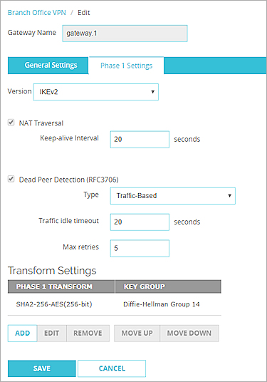 Screen shot of Phase 1 settings for IKEv2