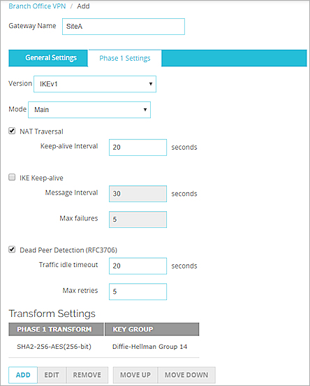 Screen shot of the Gateway Phase 1 Settings tab