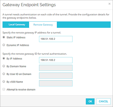 Screen shot of the Gateway Endpoint Settings dialog box, Remote Gatway tab