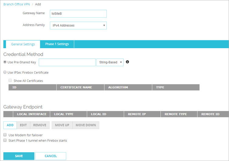Screen shot of the Gateway settings page