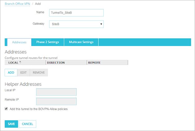 Screen shot of the Tunnel settings page - Addresses tab