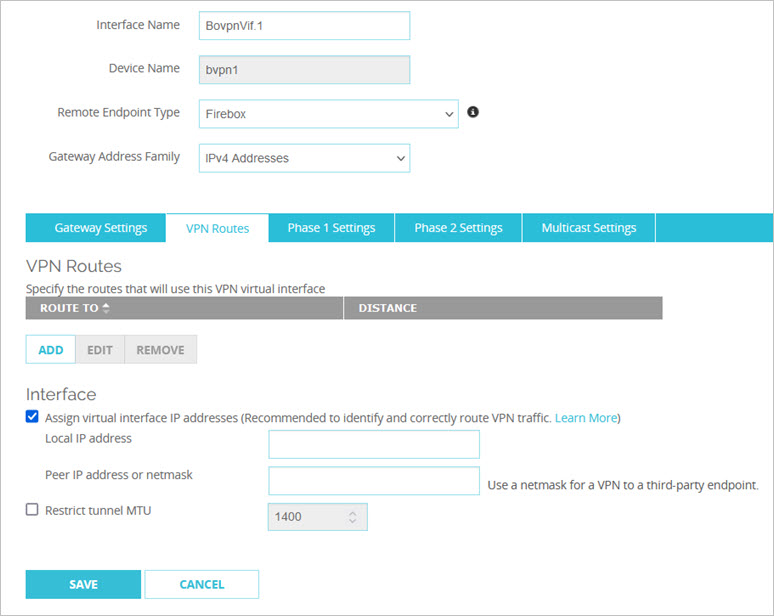 Screen shot of the BOVPN Virtual Interface VPN Routes tab