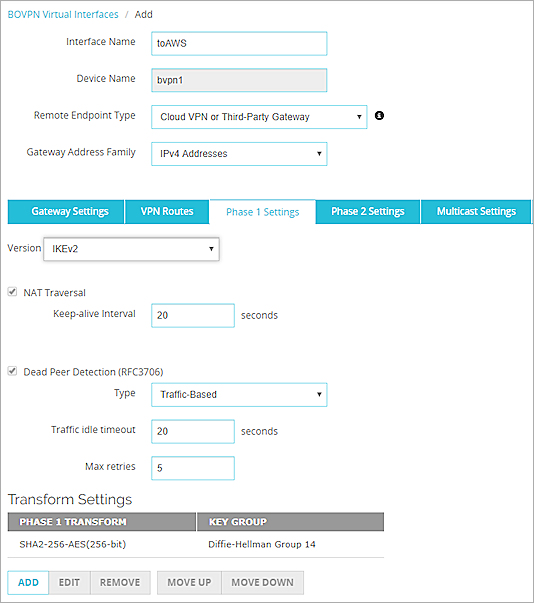 Screen shot of the Phase 1 settings for a BOVPN virtual interface