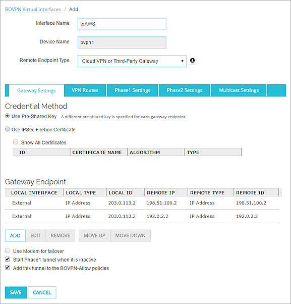 Screen shot of the BOVPN virtual interface Gateway Settings tab