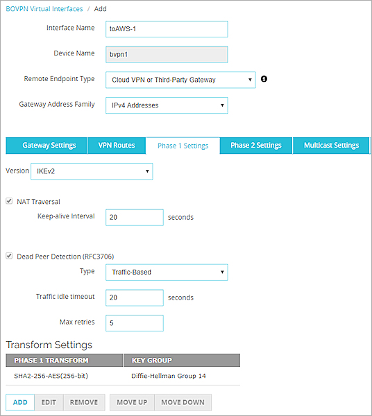 Screen shot of the Phase 1 settings for a BOVPN virtual interface