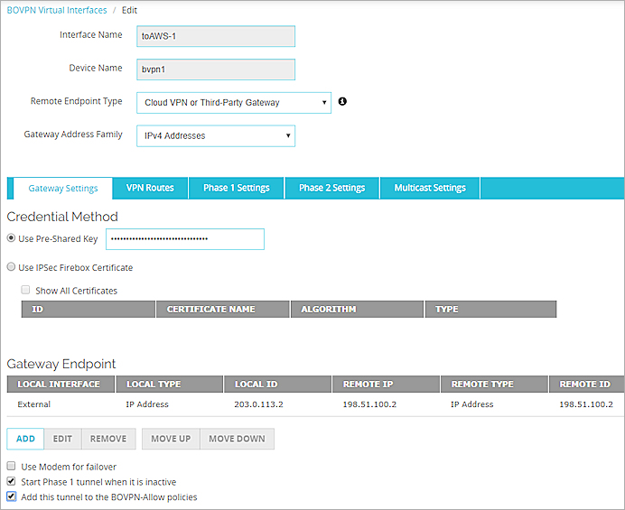 Screen shot of BOVPN virtual interface gateway settings