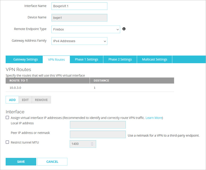 Screen shot of the BOVPN Interface settings, VPN Routes tab