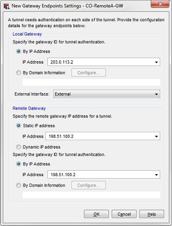 Screen shot of the New Gateway Endpoints Settings dialog box, settings for the Central Office gateway that connects with Remote Office A entered.