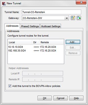 Screen shot of the New Tunnel dialog box, with the settings for the Central Office to Remote Office A tunnel routes entered.