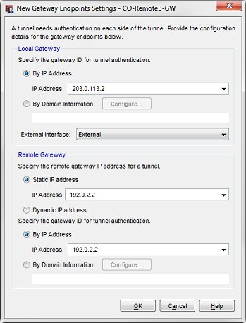 Screen shot of the New Gateway Endpoints Settings dialog box, settings for the Central Office gateway that connects with Remote Office B entered.