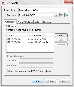 Screen shot of the New Tunnel dialog box, with the Remote Office A tunnel routes entered