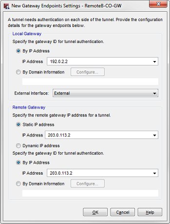 Screen shot of the New Gateway Endpoints Settings dialog box, settings for the Remote Office B gateway that connects with the Central Office entered.