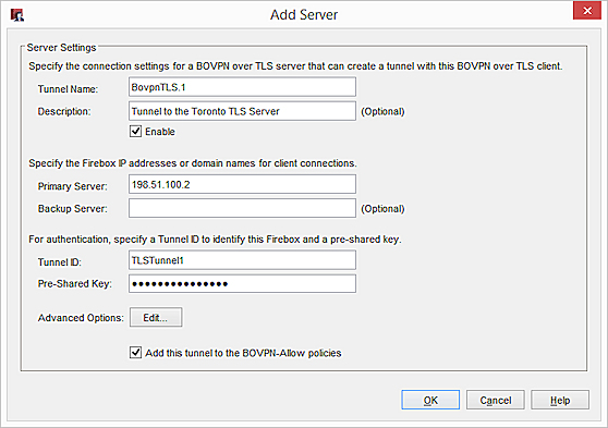 Screen shot of the Add Server dialog box with values