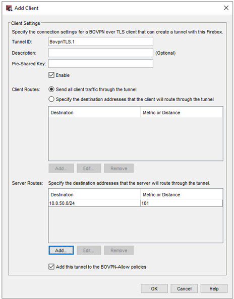 Screen shot of the Add Client dialog box with the first Client Routes option