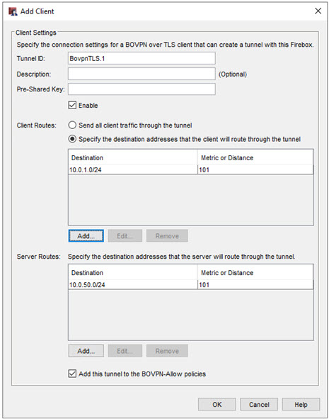 Screen shot of the Add Client dialog box with the second Client Routes option