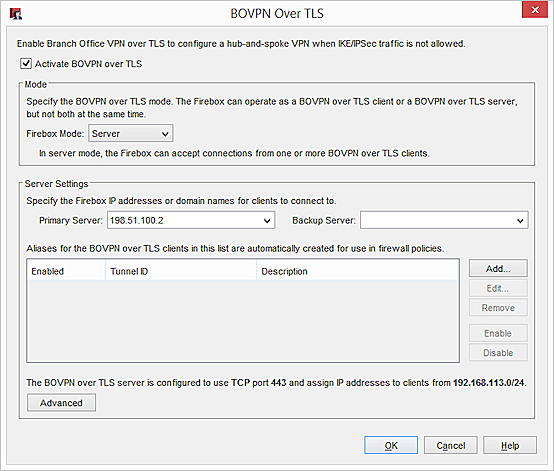 Screen shot of the BOVPN over TLS configuration dialog box