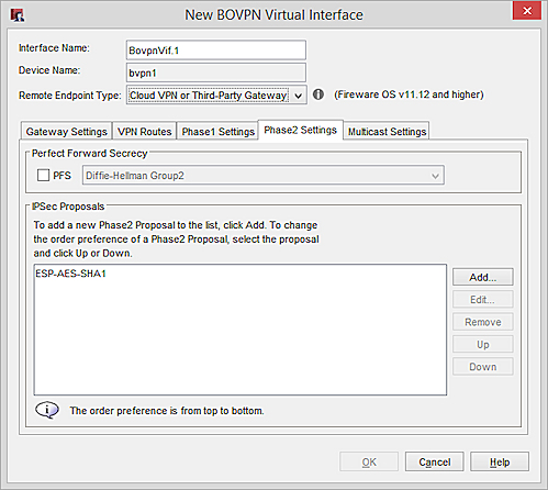 Screen shot of BOVPN virtual interface - default Phase 2 settings