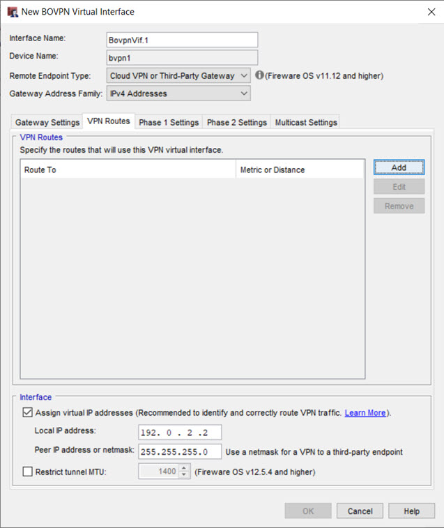 Screen shot of the BOVPN virtual interface, VPN Routes tab