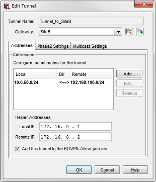 Screen shot of the Edit Tunnel dialog box, Addresses tab
