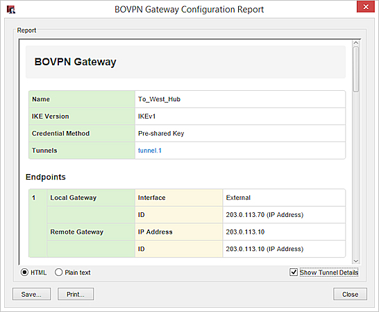 Screen shot of the BOVPN Gateway report