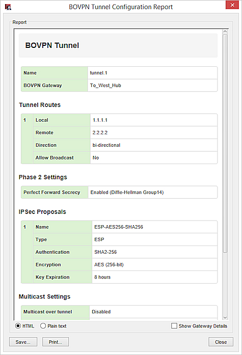 Screen shot of the BOVPN Tunnel configuration report