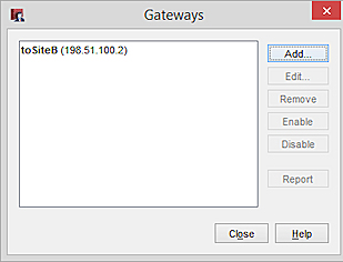 Screen shot of the Gateways dialog box for Site A