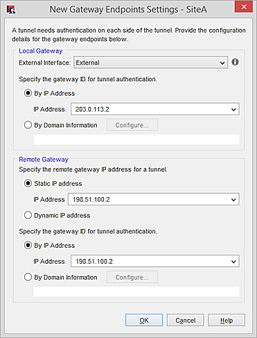 Screen shot of the New Gateway Endpoints Settings dialog box for the first of multiple gateway pairs.