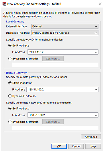 Screen shot of the New Gateway Endpoints Settings for Site A to Site B
