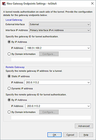 Screen shot of the New Gateway Endpoints Settings - SiteA