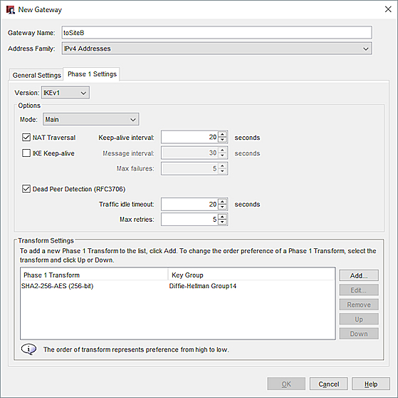 Screen shot of the New Gateway dialog box - Phase 1 Settings for Site A