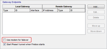 Screen shot of the Gateway Endpoints list, with the Use modem for failover check box circled
