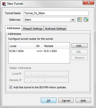 Screen shot of the New Tunnel dialog box for Tunnel to SiteA