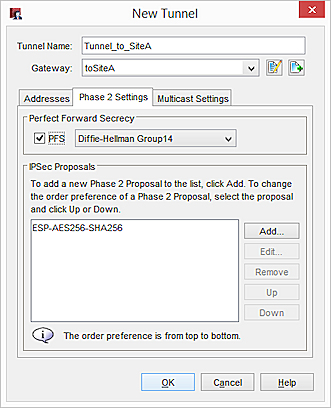 Screen shot of the New Tunnel dialog box - Phase 2 Settings