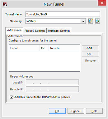 Screen shot of the New Tunnel dialog box