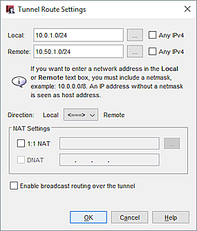 Screen shot of the Tunnel Route Settings dialog box for Site A configuration