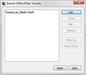 Screen shot of the Branch Office IPSec Tunnels dialog box with new tunnel added