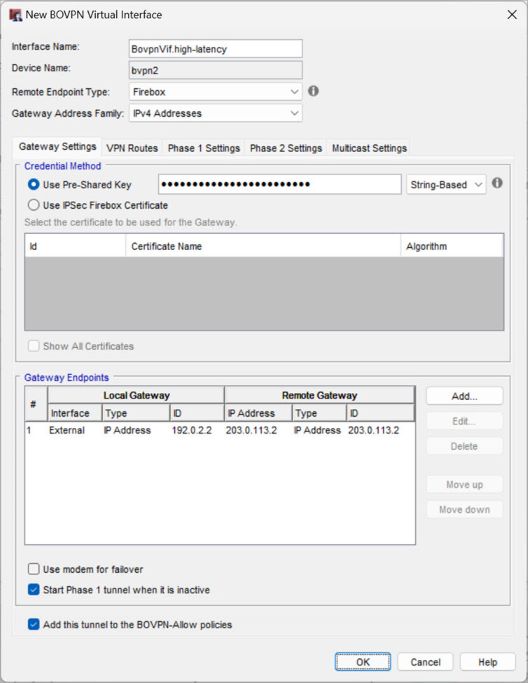 Screen shot of the Site B BOVPN virtual interface for the high latency connection