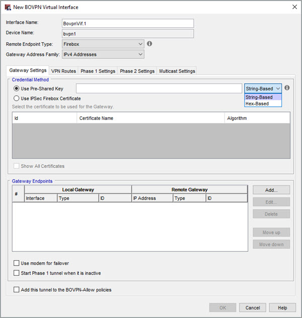 Screen shot of the New BOVPN Virtual Interface dialog box, Gateway Settings tab