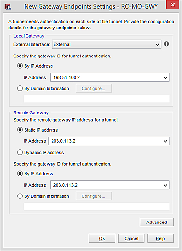 Screen shot of the New Gateway Endpoints Settings RO-MO-GWY dialog box