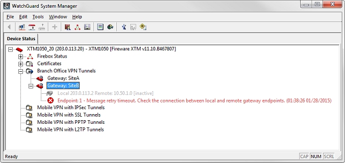 Screen shot of WatchGuard System Manager with a gateway error