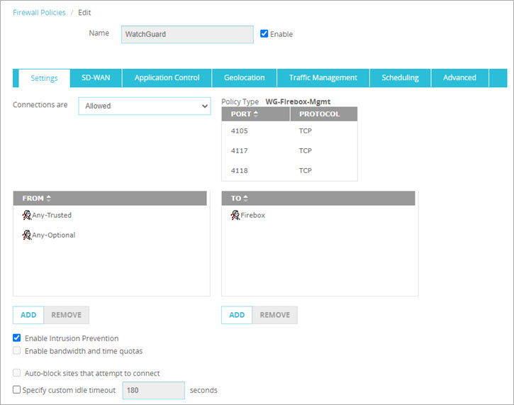Screen shot of the Policy Configuration page, WatchGuard policy