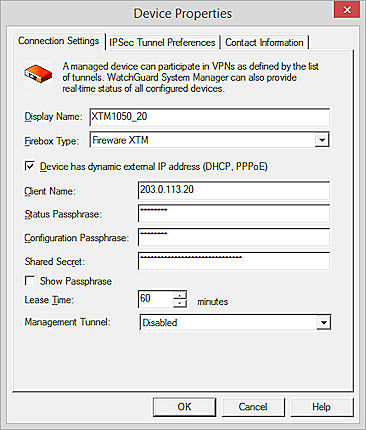 Screen shot of the Device Properties dialog box, Connection Settings tab