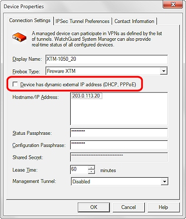 Screen shot of the Device Properties dialog box for a management tunnel hub XTM device
