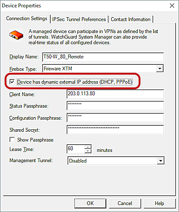 Screenshot of the Device has dynamic external IP address (DHCP, PPPoE) check box.