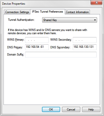 Screen shot of the Device Properties dialog box, IPSec Tunnel Preferences tab