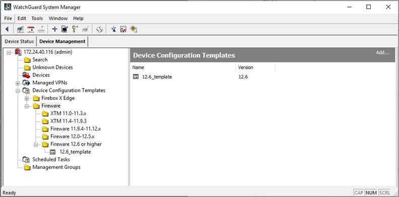 Screen shot of the WSM Device Configuration Templates page