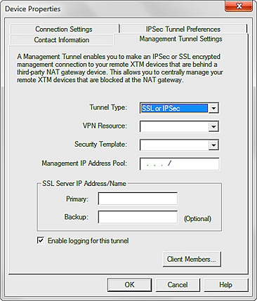 Screen shot of the Management Tunnel Settings for an SSL or IPSec tunnel