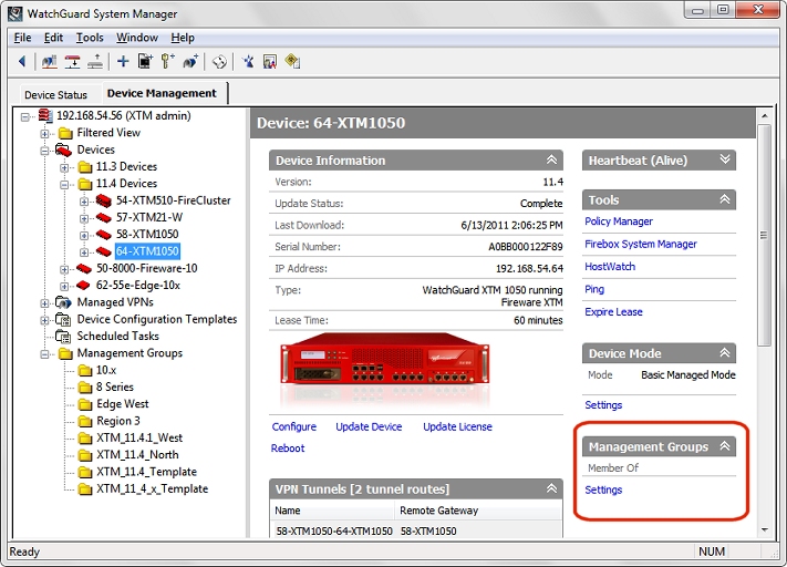 Screen shot of the Device page with Managment Groups displayed