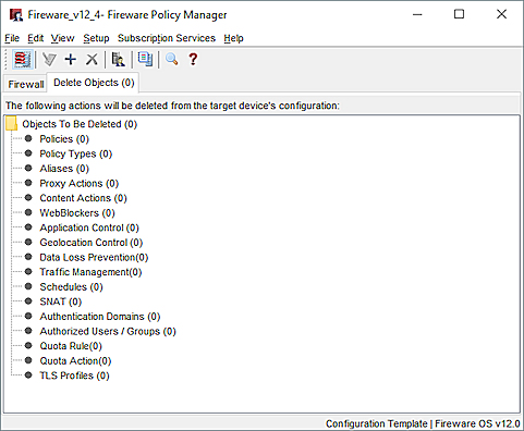 Screen shot of the Policy Manager Configuration Template Deleted Objects tab