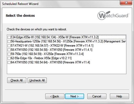 Screen shot of the Scheduled Reboot Wizard, Select the devices page